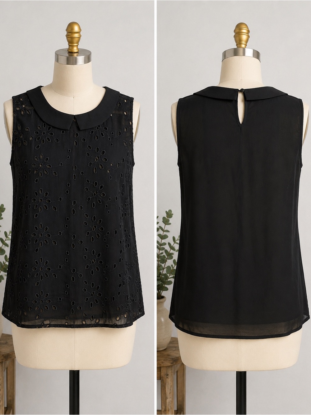 Sweet Rain Sleeveless Blouse Women’s Med Black Eyelet Peter Pan Collar Sheer Top